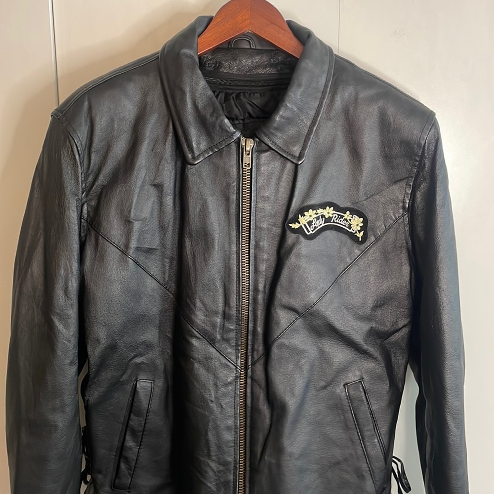 Genuine Black Leather Jacket with Two Toned Green Emroidery -Vintage